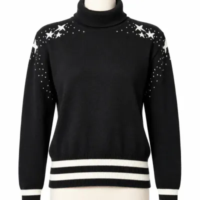 Vintage Meister Women’s Large Turtleneck Ski Sweater Black White Made Hong Kong