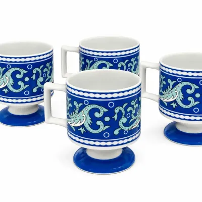 Vintage Florencia Blue & White Pedestal Coffee Cups Mugs Set of 4 Paisley