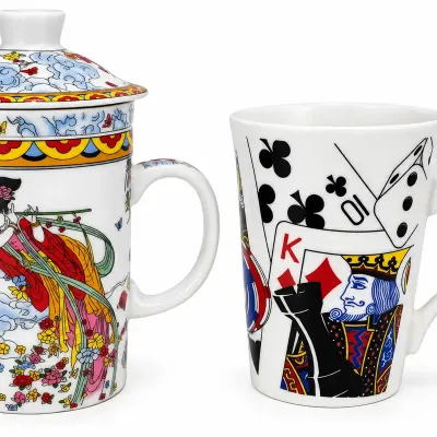 Vintage Asian Geisha Lidded Mug & Playing Cards King Dice Mug Mixed Lot of 2