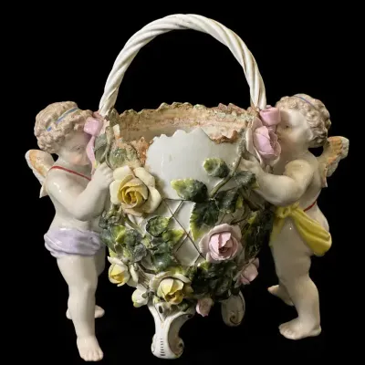 Antique Porcelain Cherub Putti Floral Basket Applied Roses Rococo Style