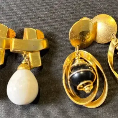 Two Pairs Vintage Gold-Tone Clip-On Drop Earrings – Black & White Accents