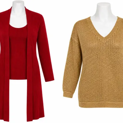 Women’s Gianni Red Ribbed Tank & Cardigan + Gold Knit Sweater Lot – Size L/M