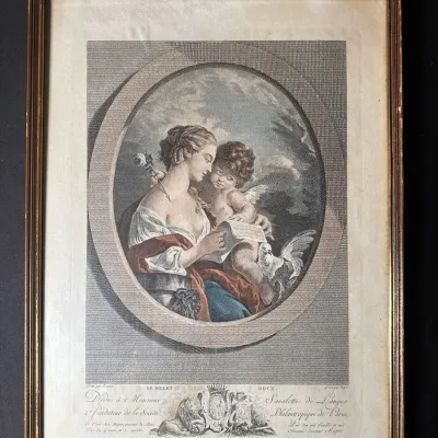 Antique “Le Billet Doux” Engraving by Miger After François Boucher – Framed