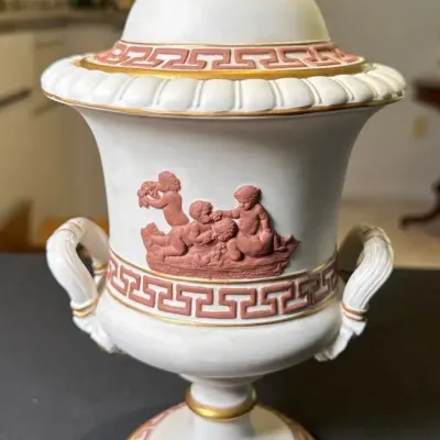Vintage Mottahedeh Italian Neoclassical Covered Urn with Figural Relief