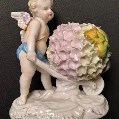 Vintage Porcelain Cherub with Flower-Filled Wheelbarrow Figurine