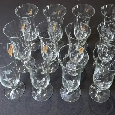 Set of 12 Vintage Hand-Engraved Floral Stemmed Glasses
