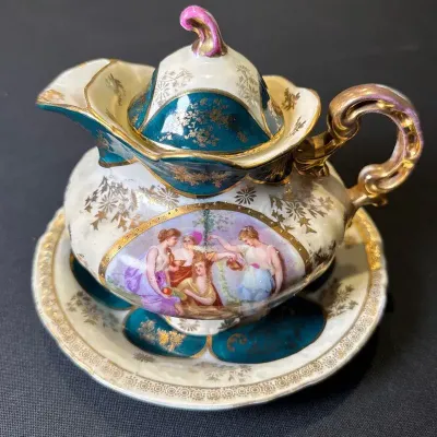 Vintage Austrian Porcelain Miniature Covered Pot with Saucer – Gilt Figural Decoration