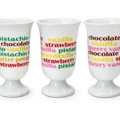Vintage Set of 5 Footed Ice Cream Sundae Cups Colorful Flavor Typography Retro