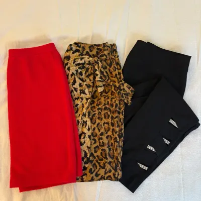 Lot of 3 Women’s Skirts/Pants – Red Skirt Size 12, Leopard Print Skirt, Black Embellished Pants