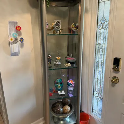 Sale Photo Thumbnail #11: Vertical Industrial Glass & Metal Lighted Display Cabinet on Industrial Wheel. 