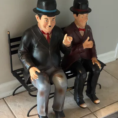 Sale Photo Thumbnail #6: Vintage Laural & Hardy Statue Figure Sittu on Metal Bench Approx, 25" Tall 
