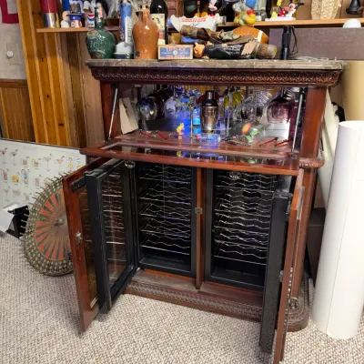 Sale Photo Thumbnail #81: Inside of the Cherry Wood & Marble Top Electric Wine Chiller Refrigerator 