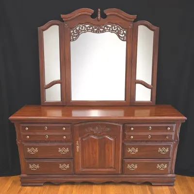 Cherry Finish Wood Dresser And Triple Mirror