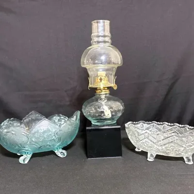 Vintage Footed Bowls And Oil Lamp