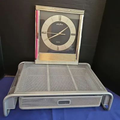Office Goods - Seth Thomas Wall Clock, Metal Monitor Stand w/ Drawer
