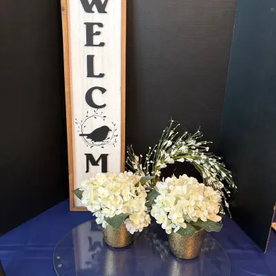 Home Decor - Welcome Sign, Floral Wreath, 2 Potted Faux Hydrangea, 20” Oval Glass
