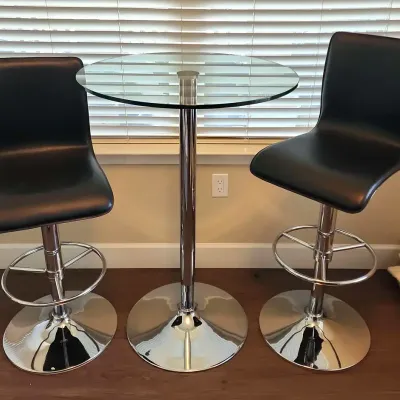 Chrome Pedestal Bistro Set, 2 Black Adjustable Height Chairs, Silver Bases, Glass Dining Table