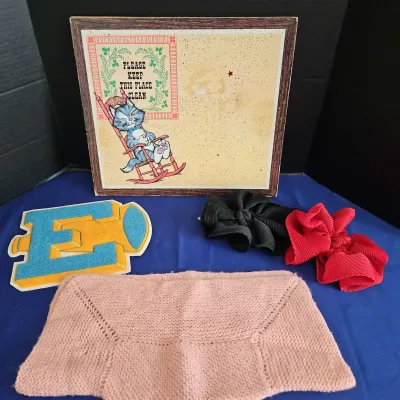 Vintage Household Goods - Rocking Cat Tac Board, Letter E Cheer Patch, 2 Hair Bows, Knitted Cloth