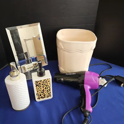 Bathroom Essentials - Standing Mirror, Rosie Ceramic Waste Basket, Hair Dryer, Soap Dispensers 