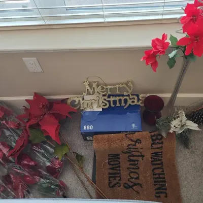 Christmas Mystery - Poinsettia Garland & Flowers, Metal Wreath, Doormat, Vase, Red, Gold