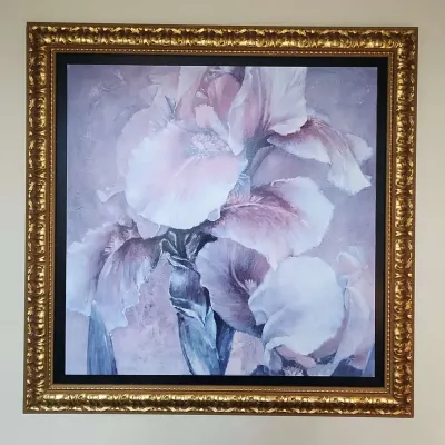 Large Framed Floral Painting - Pink, Lavender & White Irises, Gold Frame, Black Mat, 44" Square