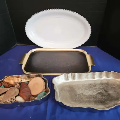 Home Decor - Decorative Plastic Platter, Golden Black Tray, Pewter Silver Metallic Dishes
