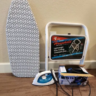 Nice & Neat Clothes Necessities - 2 Irons, Small Ironing Board, White Step Stool