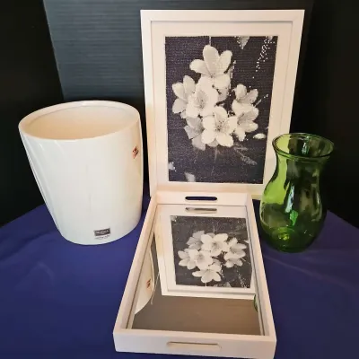 Home Bath Decor - Ceramic Waste Basket, Flower Art Framed, Green Vase, Mirrored Tray