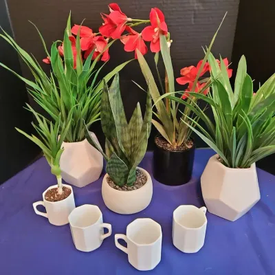 5 Beautiful Faux Plants In Pots With 3 Empty Small Teacup Pots