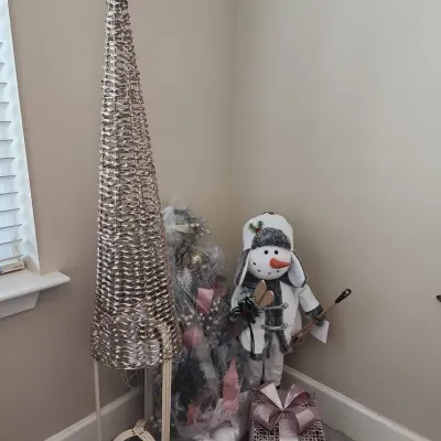 Sparkly Christmas Decor - 56" Tall Gold Glittery Tree, Pink & Gold Swag, Snowman, Pink Lit Present