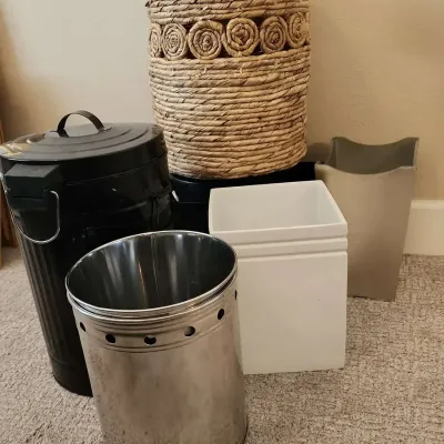 Variety Of Baskets & Trash Cans - Woven Baskets, Tin Cans, Black Trash Can W/Lid, White Bath Trash, 