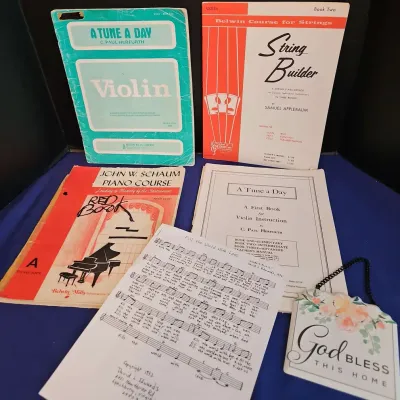 Vintage Violin & Piano Music Books w/ God Bless Home Wall Decor