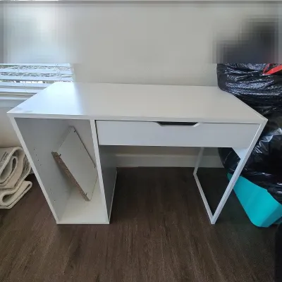 Small White Desk - Wood, Drawer, 2 Adjustable Shelves
