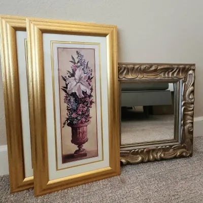 Gold Framed Floral Prints & Mirror - 2 Matching Floral Urn Prints, Square Mirror
