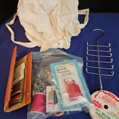 Home Goods - Cloth Bonnet, Vintage Tie Hanger, Sewing Kit