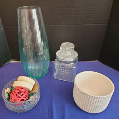 House Goods - Tall Teal Glass Vase, Vintage Candy Jar, Potpourri Dish, Ceramic Bowl Pot