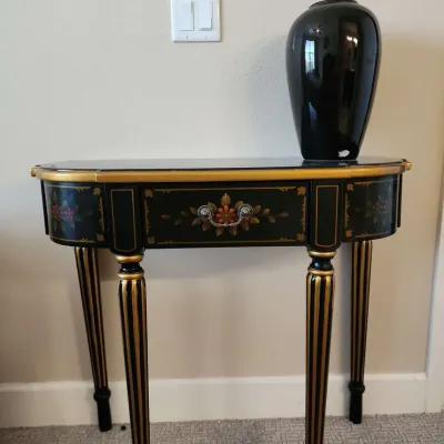 Vintage Black Lacquer Console Table & Black Vase - Floral Motifs & Gold Accents, Velvet Lined Drawer