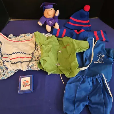 Vintage Kids Items - 1985 Class Stuffie, Snoopy Doll Clothes Outfits, Raggedy Ann Dress And Wall Art