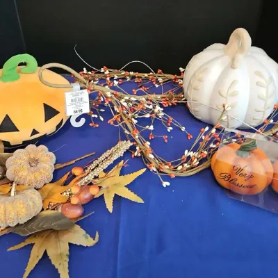 Fall Decorations - 5 Pumpkins, Garland, 2 Floral Picks