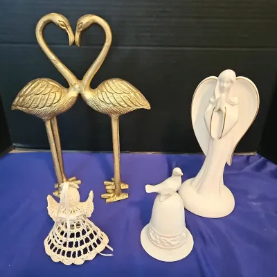 Angels & Birds Decor - Golden Heart Flamingos, 2 Angels, Avon Bird Bell