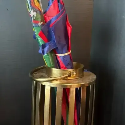 Umbrella Stand with 2 Colorful Umbrellas - Gold Tone Vertical Slats