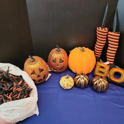 It's Boo Time! Halloween Orange Lights, Witches Feet  Lit Pumpkins, Ceramic Pumpkins, BOO Sign 