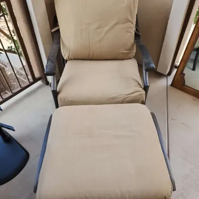 Patio Chair & Ottman Set - Brown Metal Frames, Tan Thick Detachable Cushions, 