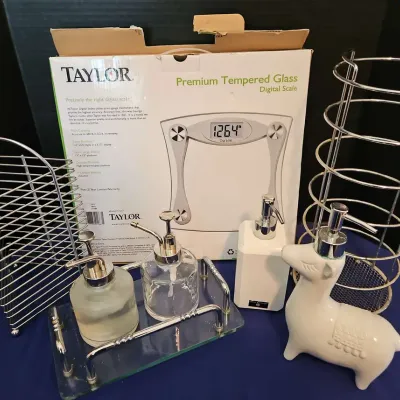 Bathroom Items - Digital Glass Scale, Chrome Baskets, Soap And Lotion Dispensers, Glass Chrome Tray