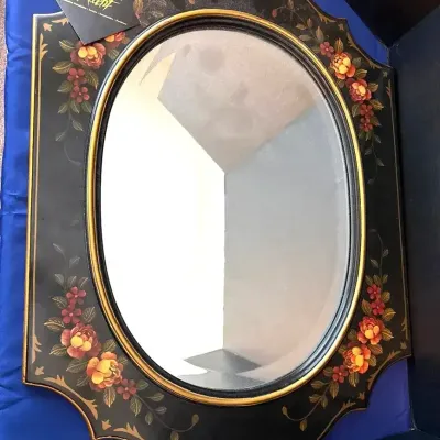 Vintage Asian Accent Black Framed Floral Accent Mirror - Oval Beveled, Hitchcock Style
