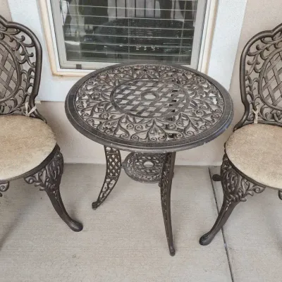 3 Pc Metal Bistro Set - Round Metal Table & 2 Matching Metal Chairs With Tan Cushions 