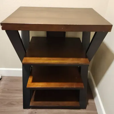 4 Shelf Wood Shelving Stand Table - X-Frame, Sturdy, Dark Wood Tone, 27" W X 19" D X 37" H