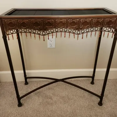 Ornate Copper Look Metal Side Table - Hanging Bead Accents, Wired Top, 28" Wide X 10-1/2" X 30" H