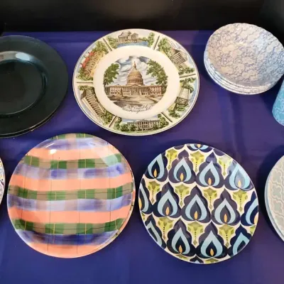 Colorful Plates & Cups - 11 Dinner Plates, 2 Mugs, 4 Bowls, Washington DC Decorative Plate, Mugs