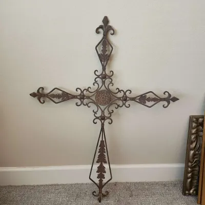 Ornate Metal Christian Cross Wall Decor - 39" Tall X 29" Wide, Brown Painted Finish 
